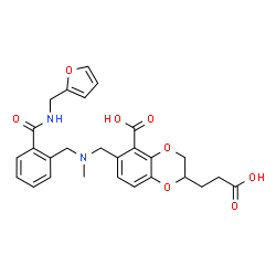 ChemSpider 2D Image | (2S)-2-(2-Carboxyethyl)-6-{[{2-[(2-furylmethyl)carbamoyl]benzyl}(methyl)amino]methyl}-2,3-dihydro-1,4-benzodioxine-5-carboxylic acid | C27H28N2O8