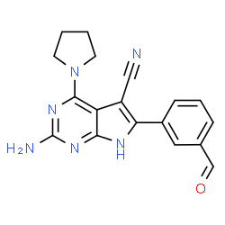 ChemSpider 2D Image | 2-Amino-6-(3-formylphenyl)-4-(1-pyrrolidinyl)-7H-pyrrolo[2,3-d]pyrimidine-5-carbonitrile | C18H16N6O