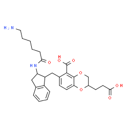 ChemSpider 2D Image | (2R)-6-({(1R,2S)-2-[(6-Aminohexanoyl)amino]-2,3-dihydro-1H-inden-1-yl}methyl)-2-(2-carboxyethyl)-2,3-dihydro-1,4-benzodioxine-5-carboxylic acid | C28H34N2O7