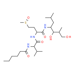 ChemSpider 2D Image | N-[(2S)-1-({(2S)-1-{[(2R,3S,4S)-1,3-Dihydroxy-2,6-dimethyl-4-heptanyl]amino}-4-[(R)-methylsulfinyl]-1-oxo-2-butanyl}amino)-3-methyl-1-oxo-2-butanyl]hexanamide | C25H49N3O6S