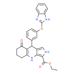ChemSpider 2D Image | Ethyl (9S)-9-[3-(1H-benzimidazol-2-yloxy)phenyl]-8-oxo-4,5,6,7,8,9-hexahydro-2H-pyrrolo[3,4-b]quinoline-3-carboxylate | C27H24N4O4