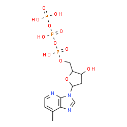ChemSpider 2D Image | 3-{2-Deoxy-5-O-[(R)-hydroxy{[(R)-hydroxy(phosphonooxy)phosphoryl]oxy}phosphoryl]-beta-D-erythro-pentofuranosyl}-7-methyl-3H-imidazo[4,5-b]pyridine | C12H18N3O12P3