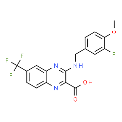 ChemSpider 2D Image | 3-[(3-Fluoro-4-methoxybenzyl)amino]-6-(trifluoromethyl)-2-quinoxalinecarboxylic acid | C18H13F4N3O3