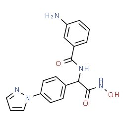 ChemSpider 2D Image | 3-Amino-N-{(1R)-2-(hydroxyamino)-2-oxo-1-[4-(1H-pyrazol-1-yl)phenyl]ethyl}benzamide | C18H17N5O3
