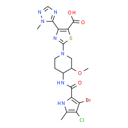 ChemSpider 2D Image | 2-[(3S,4R)-4-{[(3-Bromo-4-chloro-5-methyl-1H-pyrrol-2-yl)carbonyl]amino}-3-methoxy-1-piperidinyl]-4-(1-methyl-1H-1,2,4-triazol-5-yl)-1,3-thiazole-5-carboxylic acid | C19H21BrClN7O4S