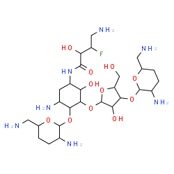 ChemSpider 2D Image | (2R,3R)-4-amino-N-[(1R,2S,3R,4R,5S)-5-amino-4-[(2,6-diamino-2,3,4,6-tetradeoxy-alpha-D-erythro-hexopyranosyl)oxy]-3-{[3-O-(2,6-diamino-2,3,4,6-tetradeoxy-beta-L-threo-hexopyranosyl)-beta-D-ribofuranosyl]oxy}-2-hydroxycyclohexyl]-3-fluoro-2-hydroxybut | C27H52FN7O11