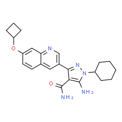 ChemSpider 2D Image | 5-Amino-3-[7-(cyclobutyloxy)-3-quinolinyl]-1-cyclohexyl-1H-pyrazole-4-carboxamide | C23H27N5O2