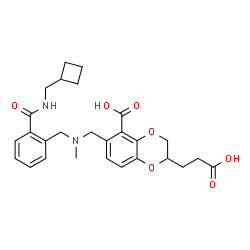 ChemSpider 2D Image | (2S)-2-(2-Carboxyethyl)-6-{[{2-[(cyclobutylmethyl)carbamoyl]benzyl}(methyl)amino]methyl}-2,3-dihydro-1,4-benzodioxine-5-carboxylic acid | C27H32N2O7
