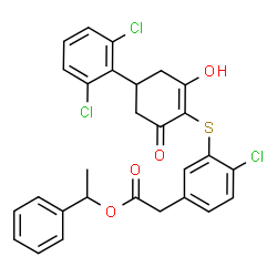 ChemSpider 2D Image | (1S)-1-Phenylethyl (4-chloro-3-{[(4S)-4-(2,6-dichlorophenyl)-2-hydroxy-6-oxo-1-cyclohexen-1-yl]sulfanyl}phenyl)acetate | C28H23Cl3O4S