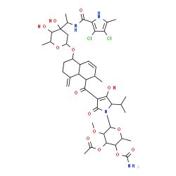ChemSpider 2D Image | (1R,4as,5S,6S,8ar)-5-{[(5S)-1-(3-O-acetyl-4-O-carbamoyl-6-deoxy-2-O-methyl-alpha-L-talopyranosyl)-4-hydroxy-2-oxo-5-(propan-2-yl)-2,5-dihydro-1H-pyrrol-3-yl]carbonyl}-6-methyl-4-methylidene-1,2,3,4,4a,5,6,8a-octahydronaphthalen-1-yl 2,6-dideoxy-3-c-[ | C44H60Cl2N4O14