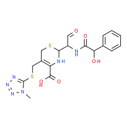 ChemSpider 2D Image | (2R)-2-[(1R)-1-{[(2R)-2-Hydroxy-2-phenylacetyl]amino}-2-oxoethyl]-5-{[(1-methyl-1H-tetrazol-5-yl)sulfanyl]methyl}-3,6-dihydro-2H-1,3-thiazine-4-carboxylic acid | C18H20N6O5S2