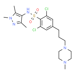 ChemSpider 2D Image | 2,6-Dichloro-4-[3-(4-methyl-1-piperazinyl)propyl]-N-(1,3,5-trimethyl-1H-pyrazol-4-yl)benzenesulfonamide | C20H29Cl2N5O2S