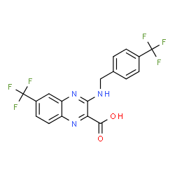 ChemSpider 2D Image | 6-(Trifluoromethyl)-3-{[4-(trifluoromethyl)benzyl]amino}-2-quinoxalinecarboxylic acid | C18H11F6N3O2