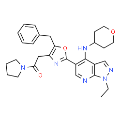 ChemSpider 2D Image | 2-{5-Benzyl-2-[1-ethyl-4-(tetrahydro-2H-pyran-4-ylamino)-1H-pyrazolo[3,4-b]pyridin-5-yl]-1,3-oxazol-4-yl}-1-(1-pyrrolidinyl)ethanone | C29H34N6O3