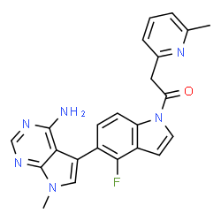 ChemSpider 2D Image | 1-[5-(4-Amino-7-methyl-7H-pyrrolo[2,3-d]pyrimidin-5-yl)-4-fluoro-1H-indol-1-yl]-2-(6-methyl-2-pyridinyl)ethanone | C23H19FN6O