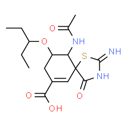 ChemSpider 2D Image | (5S,9R,10S)-10-Acetamido-2-imino-4-oxo-9-(3-pentanyloxy)-1-thia-3-azaspiro[4.5]dec-6-ene-7-carboxylic acid | C16H23N3O5S