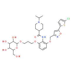 ChemSpider 2D Image | N-(2-{[5-(5-Chloro-2-thienyl)-1,2-oxazol-3-yl]methoxy}-6-[3-(beta-D-glucopyranosyloxy)propoxy]phenyl)-1-isopropyl-4-piperidinecarboxamide | C32H42ClN3O10S