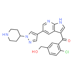 ChemSpider 2D Image | [2-Chloro-5-(hydroxymethyl)phenyl]{5-[1-(4-piperidinyl)-1H-pyrazol-4-yl]-1H-pyrrolo[2,3-b]pyridin-3-yl}methanone | C23H22ClN5O2