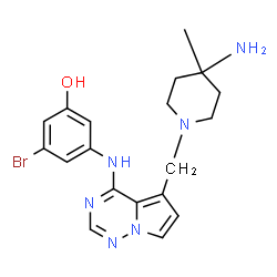 ChemSpider 2D Image | 3-({5-[(4-Amino-4-methyl-1-piperidinyl)methyl]pyrrolo[2,1-f][1,2,4]triazin-4-yl}amino)-5-bromophenol | C19H23BrN6O