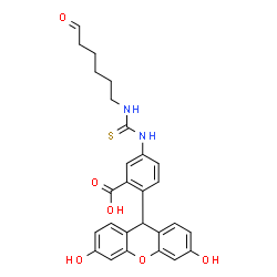 ChemSpider 2D Image | 2-(3,6-Dihydroxy-9H-xanthen-9-yl)-5-{[(6-oxohexyl)carbamothioyl]amino}benzoic acid | C27H26N2O6S