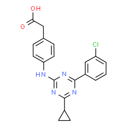 ChemSpider 2D Image | (4-{[4-(3-Chlorophenyl)-6-cyclopropyl-1,3,5-triazin-2-yl]amino}phenyl)acetic acid | C20H17ClN4O2