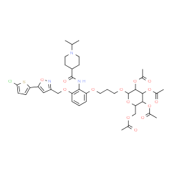 ChemSpider 2D Image | N-(2-{[5-(5-Chloro-2-thienyl)-1,2-oxazol-3-yl]methoxy}-6-{3-[(2,3,4,6-tetra-O-acetyl-beta-D-glucopyranosyl)oxy]propoxy}phenyl)-1-isopropyl-4-piperidinecarboxamide | C40H50ClN3O14S