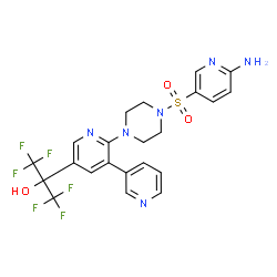 ChemSpider 2D Image | 2-(2-{4-[(6-Amino-3-pyridinyl)sulfonyl]-1-piperazinyl}-3,3'-bipyridin-5-yl)-1,1,1,3,3,3-hexafluoro-2-propanol | C22H20F6N6O3S