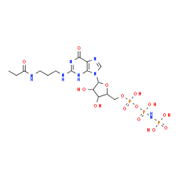 ChemSpider 2D Image | 5'-O-[(R)-Hydroxy{[(S)-Hydroxy(Phosphonoamino)phosphoryl]oxy}phosphoryl]-N-[3-(Propanoylamino)propyl]guanosine | C16H28N7O14P3