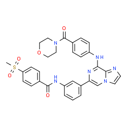 ChemSpider 2D Image | 4-(Methylsulfonyl)-N-[3-(8-{[4-(4-morpholinylcarbonyl)phenyl]amino}imidazo[1,2-a]pyrazin-6-yl)phenyl]benzamide | C31H28N6O5S