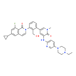 ChemSpider 2D Image | 6-Cyclopropyl-2-[3-(5-{[5-(4-ethyl-1-piperazinyl)-2-pyridinyl]amino}-1-methyl-6-oxo-1,6-dihydro-3-pyridinyl)-2-(hydroxymethyl)phenyl]-8-fluoro-1(2H)-isoquinolinone | C36H37FN6O3