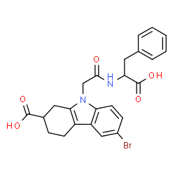ChemSpider 2D Image | (2R)-6-Bromo-9-(2-{[(1R)-1-carboxy-2-phenylethyl]amino}-2-oxoethyl)-2,3,4,9-tetrahydro-1H-carbazole-2-carboxylic acid | C24H23BrN2O5