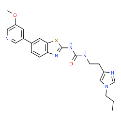 ChemSpider 2D Image | 1-[6-(5-Methoxy-3-pyridinyl)-1,3-benzothiazol-2-yl]-3-[2-(1-propyl-1H-imidazol-4-yl)ethyl]urea | C22H24N6O2S