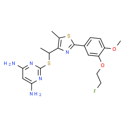 ChemSpider 2D Image | (S)-2-((1-(2-(3-(2-Fluoroethoxy)-4-Methoxyphenyl)-5-Methylthiazol-4-Yl)ethyl)thio)pyrimidine-4,6-Diamine | C19H22FN5O2S2