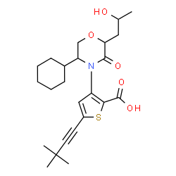 ChemSpider 2D Image | 3-{(2R,5R)-5-Cyclohexyl-2-[(2R)-2-hydroxypropyl]-3-oxo-4-morpholinyl}-5-(3,3-dimethyl-1-butyn-1-yl)-2-thiophenecarboxylic acid | C24H33NO5S