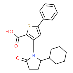 ChemSpider 2D Image | 3-[(2R)-2-Cyclohexyl-5-oxo-1-pyrrolidinyl]-5-phenyl-2-thiophenecarboxylic acid | C21H23NO3S