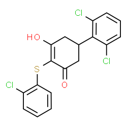 ChemSpider 2D Image | (5S)-2-[(2-Chlorophenyl)sulfanyl]-5-(2,6-dichlorophenyl)-3-hydroxy-2-cyclohexen-1-one | C18H13Cl3O2S