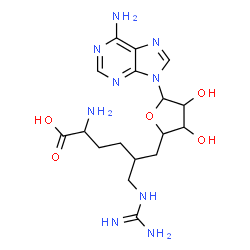 ChemSpider 2D Image | (5S)-5-{[(2R,3S,4R,5R)-5-(6-Amino-9H-purin-9-yl)-3,4-dihydroxytetrahydro-2-furanyl]methyl}-N~6~-carbamimidoyl-L-lysine | C17H27N9O5