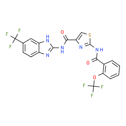 ChemSpider 2D Image | 2-{[2-(Trifluoromethoxy)benzoyl]amino}-N-[6-(trifluoromethyl)-1H-benzimidazol-2-yl]-1,3-thiazole-4-carboxamide | C20H11F6N5O3S