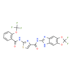 ChemSpider 2D Image | N-(2,2-Difluoro-5H-[1,3]dioxolo[4,5-f]benzimidazol-6-yl)-2-{[2-(trifluoromethoxy)benzoyl]amino}-1,3-thiazole-4-carboxamide | C20H10F5N5O5S