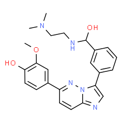 ChemSpider 2D Image | 4-(3-{3-[(R)-{[2-(Dimethylamino)ethyl]amino}(hydroxy)methyl]phenyl}imidazo[1,2-b]pyridazin-6-yl)-2-methoxyphenol | C24H27N5O3