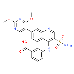 ChemSpider 2D Image | 3-{[7-(2,4-Dimethoxy-5-pyrimidinyl)-3-sulfamoyl-4-quinolinyl]amino}benzoic acid | C22H19N5O6S
