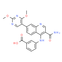 ChemSpider 2D Image | 3-{[3-Carbamoyl-7-(2,4-dimethoxy-5-pyrimidinyl)-4-quinolinyl]amino}benzoic acid | C23H19N5O5