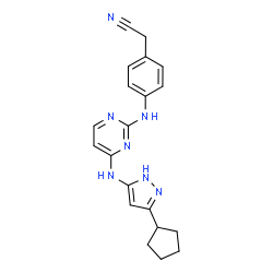 ChemSpider 2D Image | [4-({4-[(3-Cyclopentyl-1H-pyrazol-5-yl)amino]-2-pyrimidinyl}amino)phenyl]acetonitrile | C20H21N7