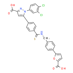 ChemSpider 2D Image | 5-(4-{[4-(5-Carboxy-2-furyl)benzyl]carbamothioyl}phenyl)-1-(3,4-dichlorophenyl)-1H-pyrazole-3-carboxylic acid | C29H19Cl2N3O5S