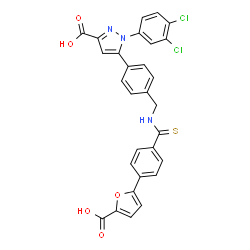ChemSpider 2D Image | 5-{4-[({[4-(5-Carboxy-2-furyl)phenyl]carbonothioyl}amino)methyl]phenyl}-1-(3,4-dichlorophenyl)-1H-pyrazole-3-carboxylic acid | C29H19Cl2N3O5S