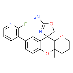 ChemSpider 2D Image | (4R,4a'S,10a'R)-8'-(2-Fluoro-3-pyridinyl)-4a'-methyl-3',4',4a',10a'-tetrahydro-2'H-spiro[1,3-oxazole-4,10'-pyrano[3,2-b]chromen]-2-amine | C20H20FN3O3