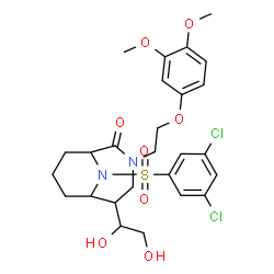 ChemSpider 2D Image | (1S,5S,6R)-10-[(3,5-Dichlorophenyl)sulfonyl]-5-[(1S)-1,2-dihydroxyethyl]-3-[2-(3,4-dimethoxyphenoxy)ethyl]-3,10-diazabicyclo[4.3.1]decan-2-one | C26H32Cl2N2O8S