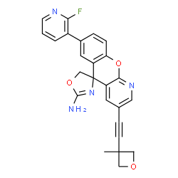 ChemSpider 2D Image | (5S)-7-(2-Fluoro-3-pyridinyl)-3-[(3-methyl-3-oxetanyl)ethynyl]spiro[chromeno[2,3-b]pyridine-5,4'-[1,3]oxazol]-2'-amine | C25H19FN4O3