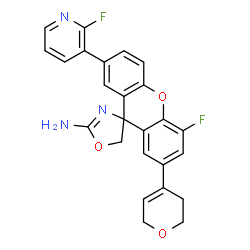 ChemSpider 2D Image | (4S)-2'-(3,6-Dihydro-2H-pyran-4-yl)-4'-fluoro-7'-(2-fluoro-3-pyridinyl)spiro[1,3-oxazole-4,9'-xanthen]-2-amine | C25H19F2N3O3