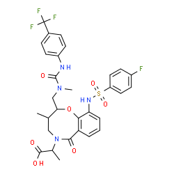 ChemSpider 2D Image | (2S)-2-[(2S,3R)-10-{[(4-Fluorophenyl)sulfonyl]amino}-3-methyl-2-[(methyl{[4-(trifluoromethyl)phenyl]carbamoyl}amino)methyl]-6-oxo-3,4-dihydro-2H-1,5-benzoxazocin-5(6H)-yl]propanoic acid | C30H30F4N4O7S